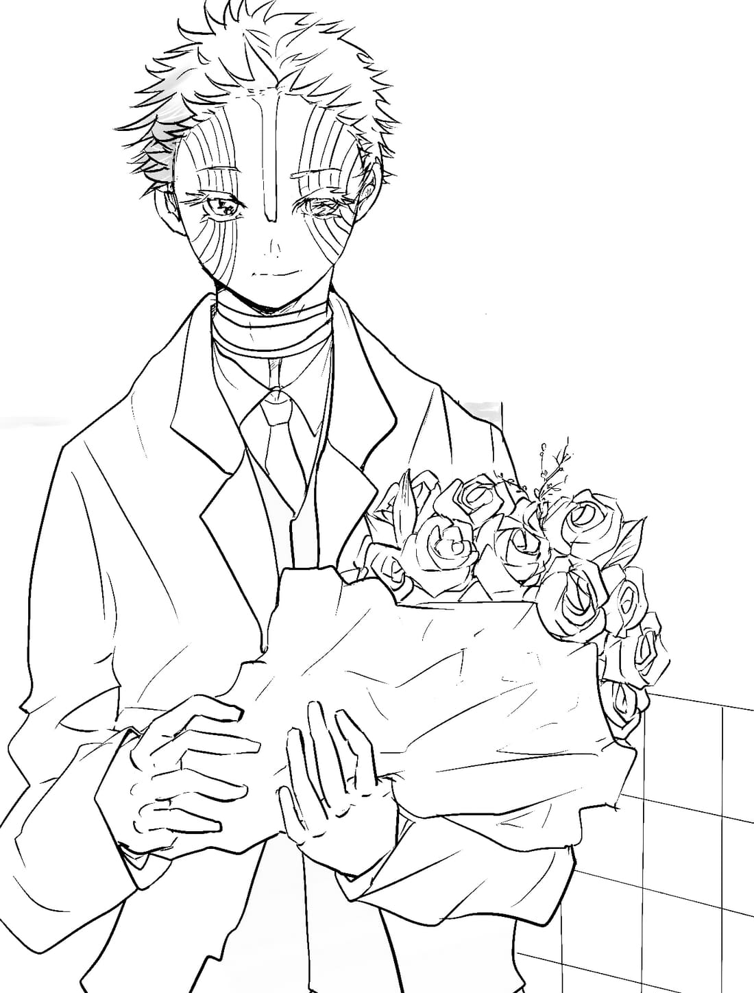 Coloring page Akaza holding a bouquet of flowers