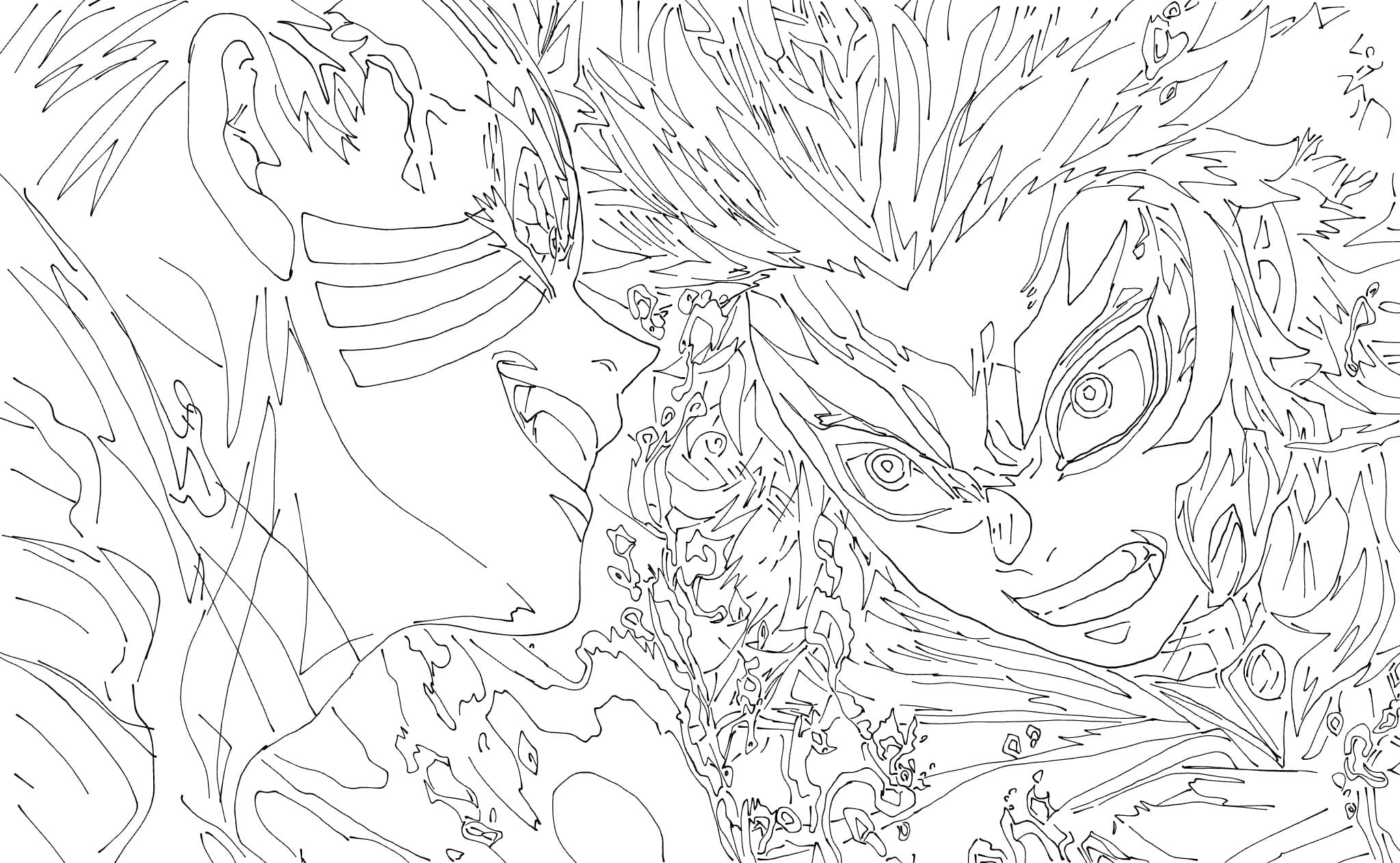 Coloring page Akaza vs Rengoku - a scene from the Anime