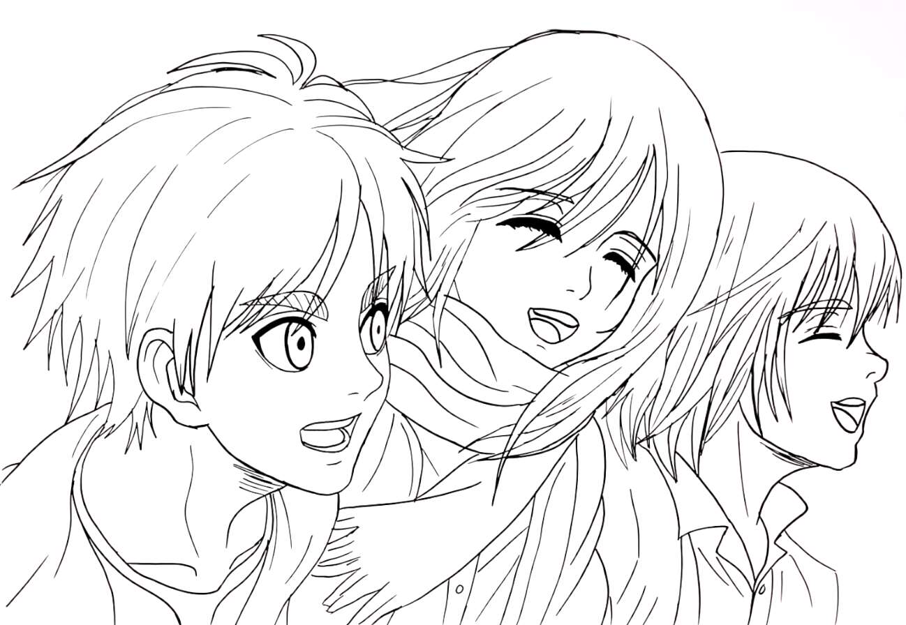 Ausmalbild Attack on Titans Eren, Mikasa, Armin