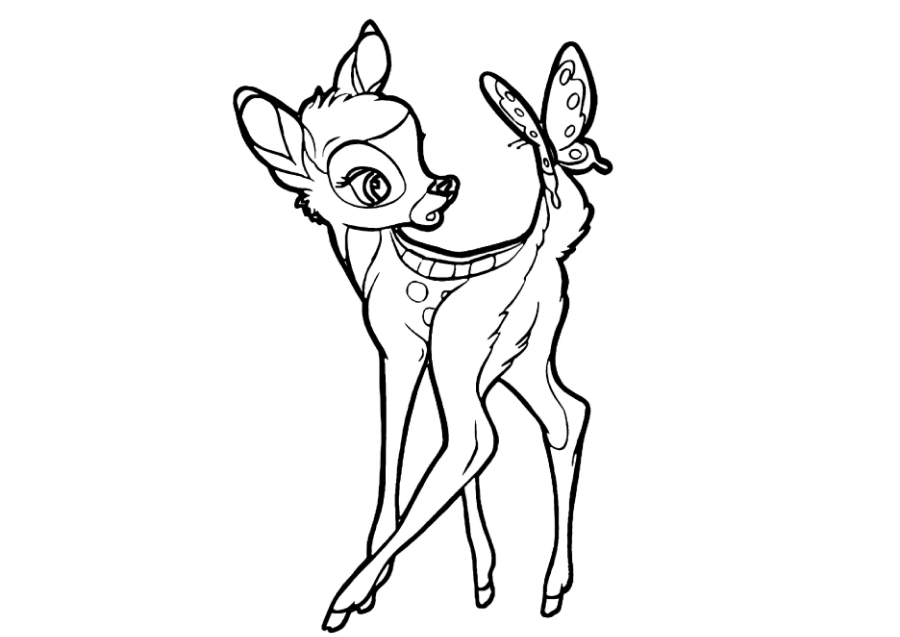 Cute fawn looking at a butterfly