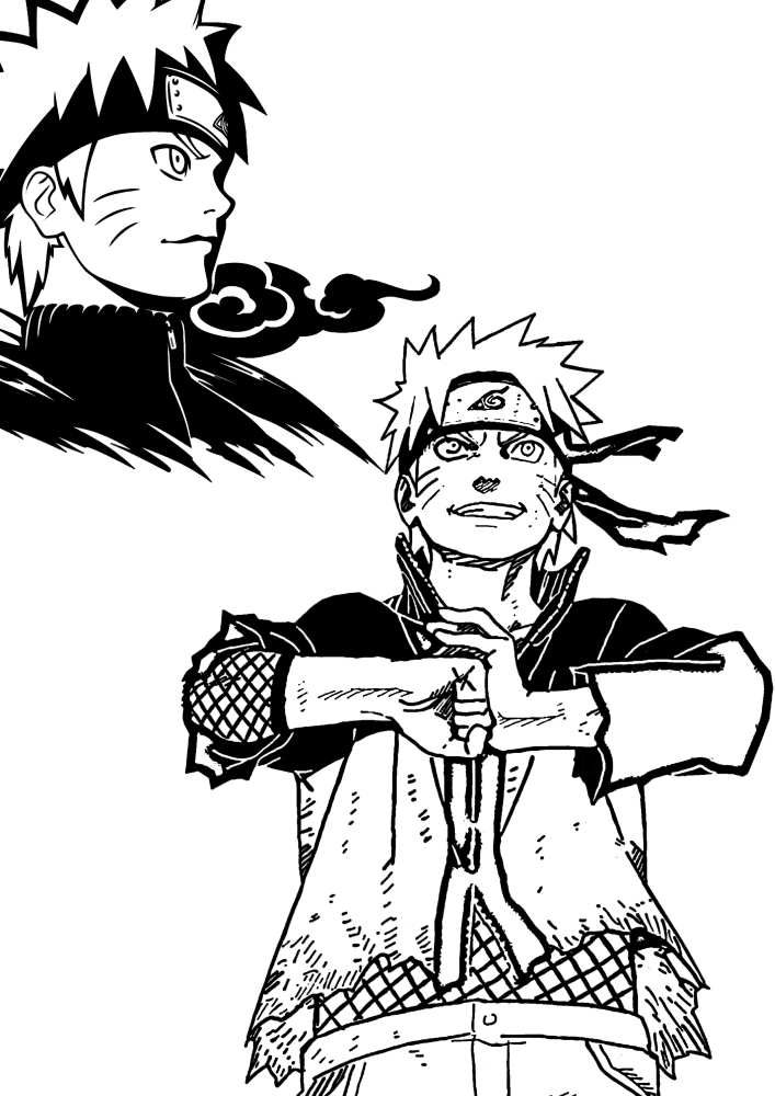 Naruto-one is standing, the other is sitting.