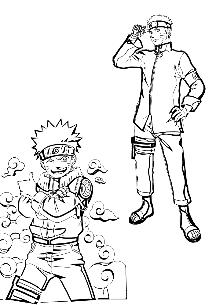 In one pose, Naruto is sitting, and in the other he is standing