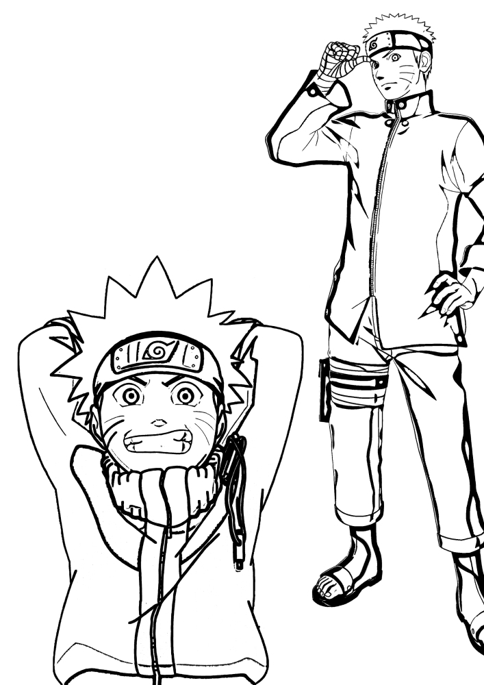 En una pose, Naruto se sienta y en la otra se para