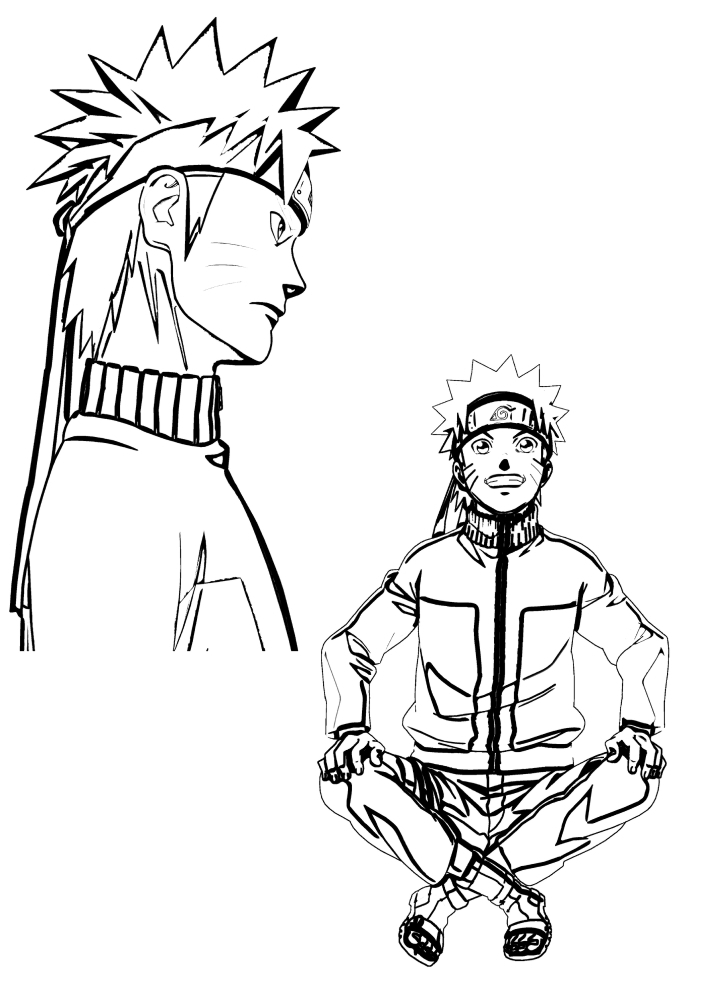 Naruto-one is standing, the other is sitting.