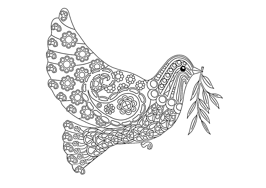 A bird in patterns carries a twig