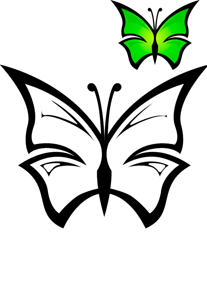 Красивая Зелёная бабочка и предложенный вариант разукрашивания.