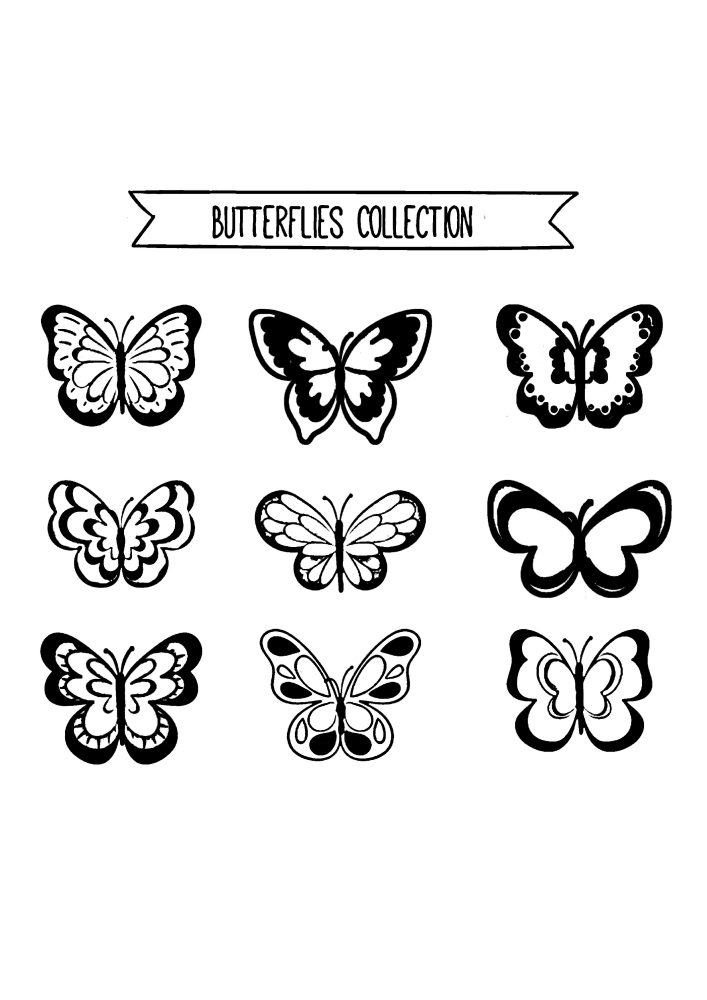Seis mariposas diferentes: puedes Mostrar imaginación y darles cualquier color.