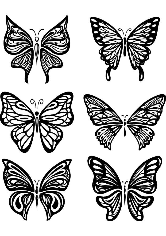 Seis mariposas diferentes: puedes Mostrar imaginación y darles cualquier color.