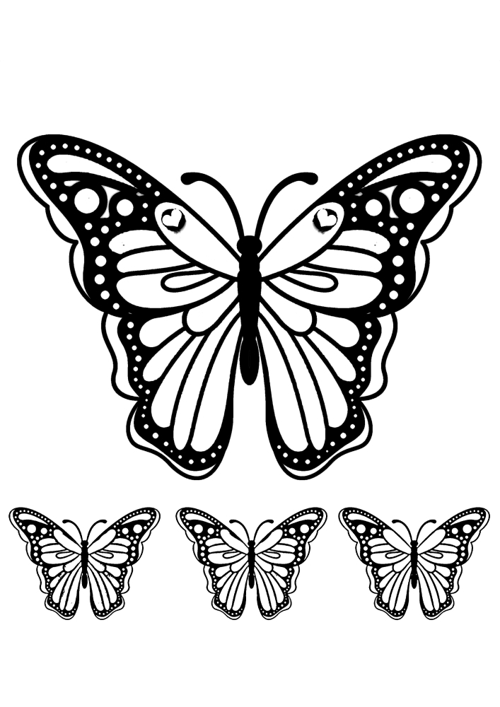 Cuatro imágenes de una mariposa: puedes decorar a todos en diferentes colores, Mostrar imaginación y creatividad.