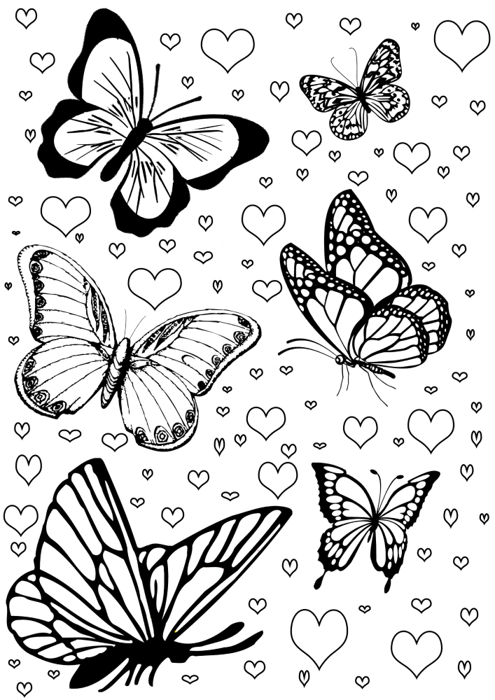 Разные бабочки среди сердец - раскраска