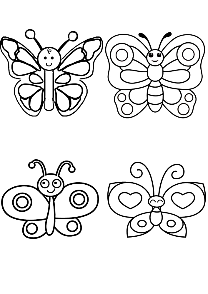 Cuatro mariposas para colorear para niños.