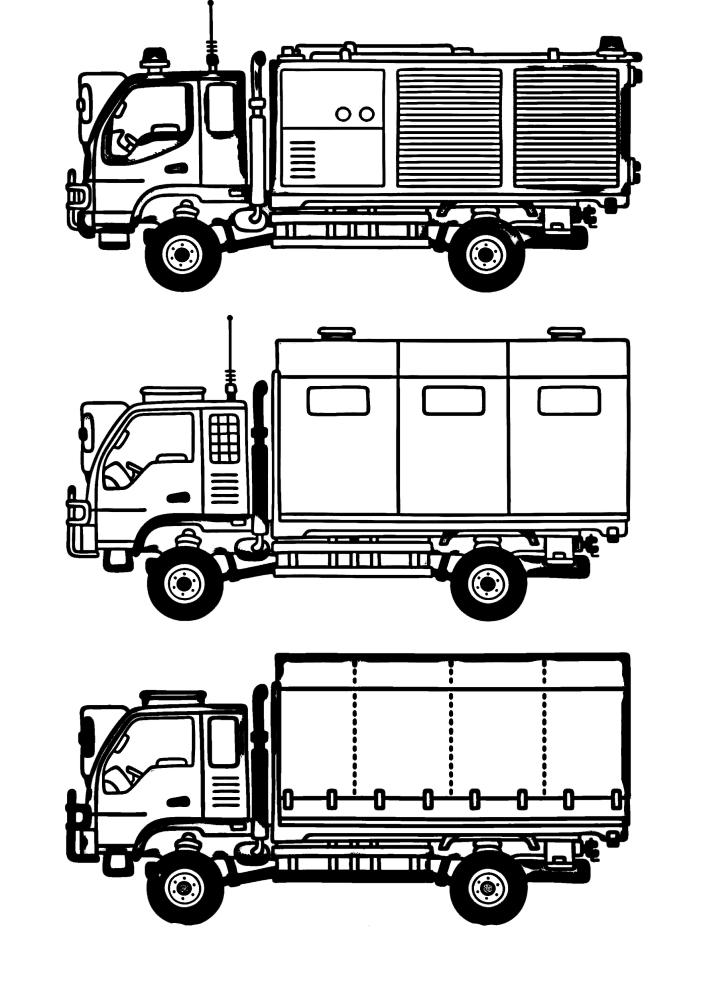 Três caminhões de bombeiros - livro de colorir para crianças