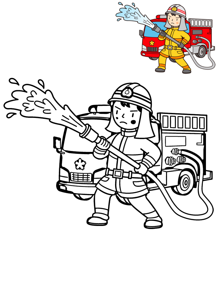 Пожарный тушит огонь - раскраска и образец разукрашивания