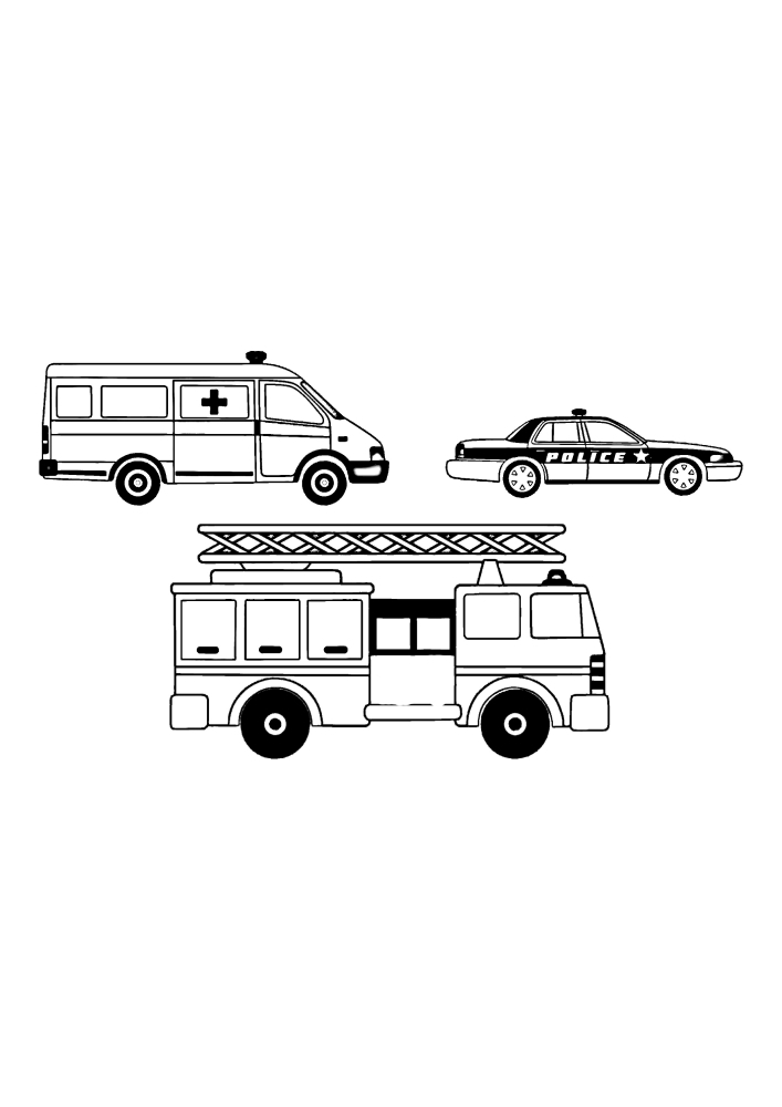 Des véhicules de différents services de secours qui aident les gens dans des situations de vie difficiles.