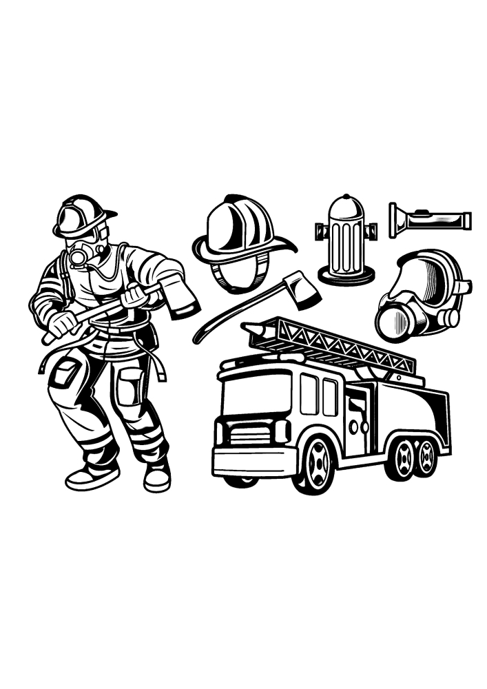 A firefighter and his fire fighting tools.