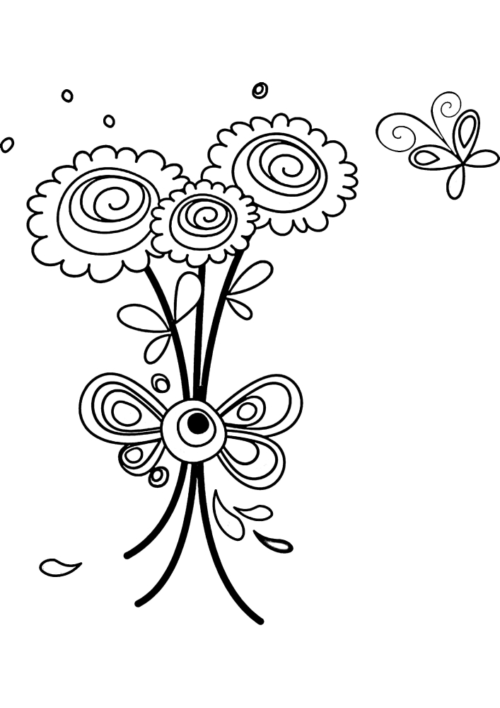 The bird next to the flowers-coloring book