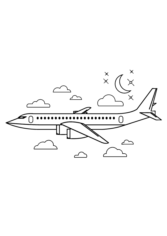 A coloring book of a flying airplane, with clouds and a glowing moon in the background.