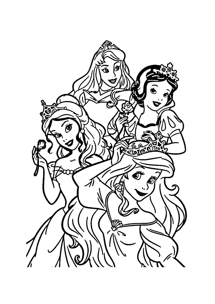Ariel, Belle, blanche-Neige, Aurora-coloriage des princesses Disney