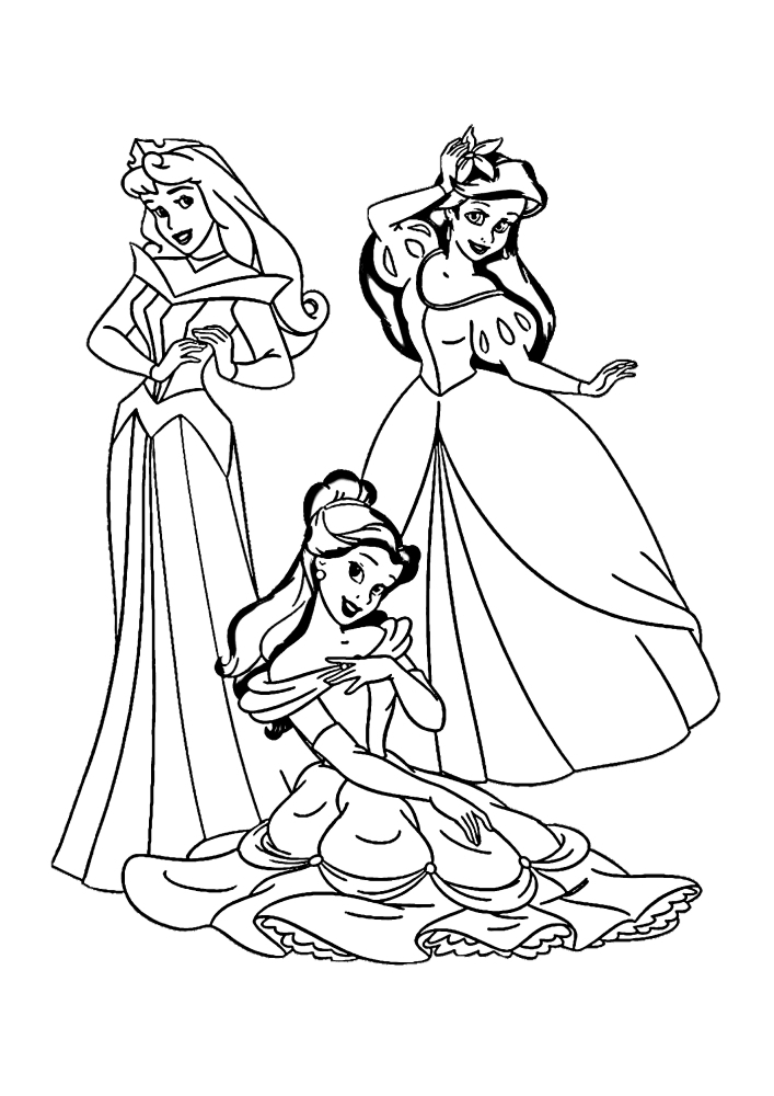 Аврора, Ариэль, Бэлль - раскраска принцесс для девочек
