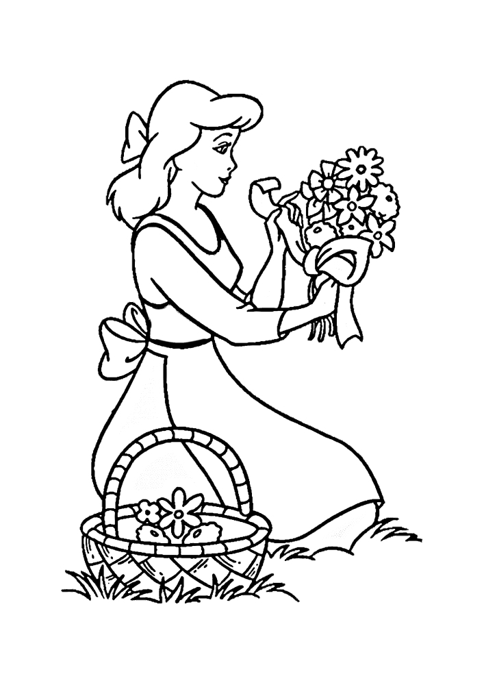 Cinderela recolhe um buquê de flores.