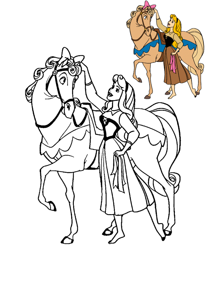 Аврора и конь - раскраска и шаблон раскрашивания