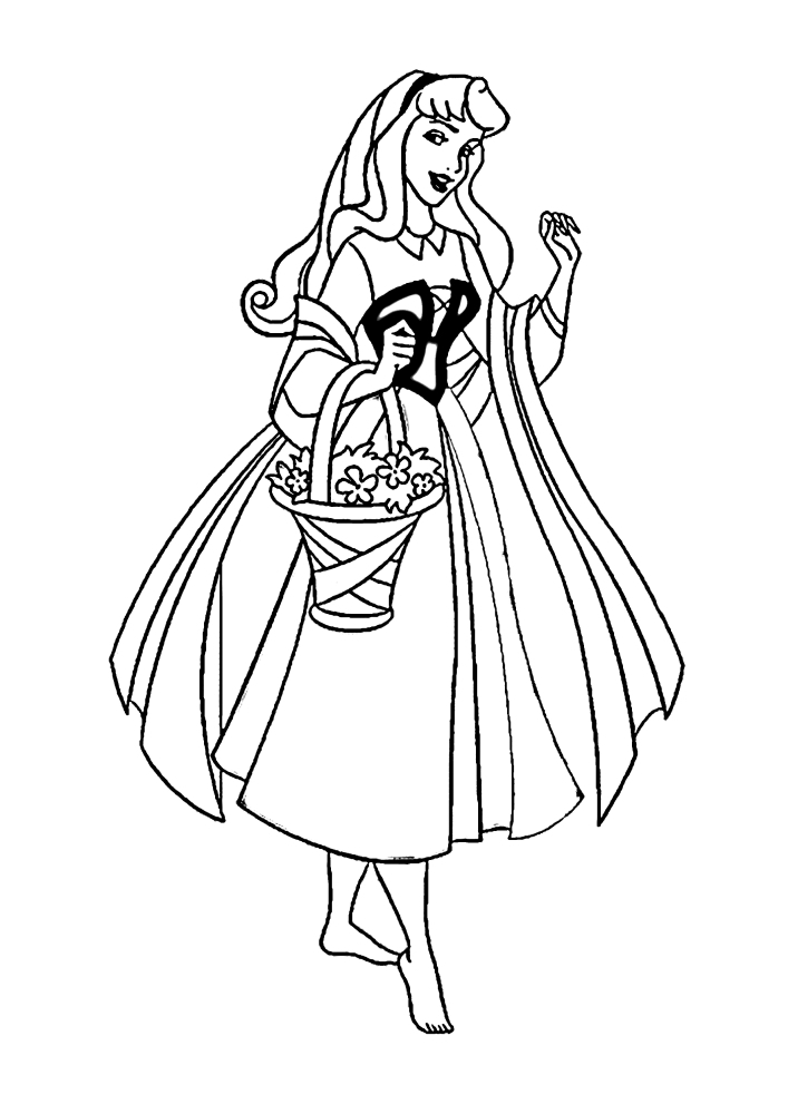 Aurora with a basket of flowers-coloring book