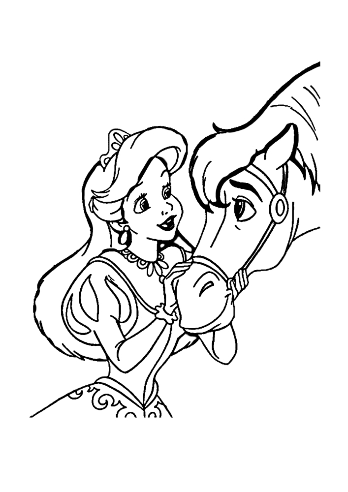 A Pequena Sereia Ariel está falando com um cavalo.