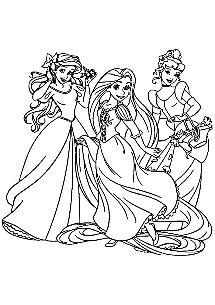 Rapunzel, Ariel e Cinderela-uma página para colorir de princesas da Disney