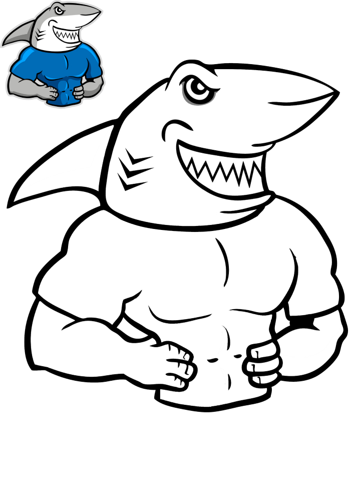 Сильная акула - раскраска с образцом разукрашивания
