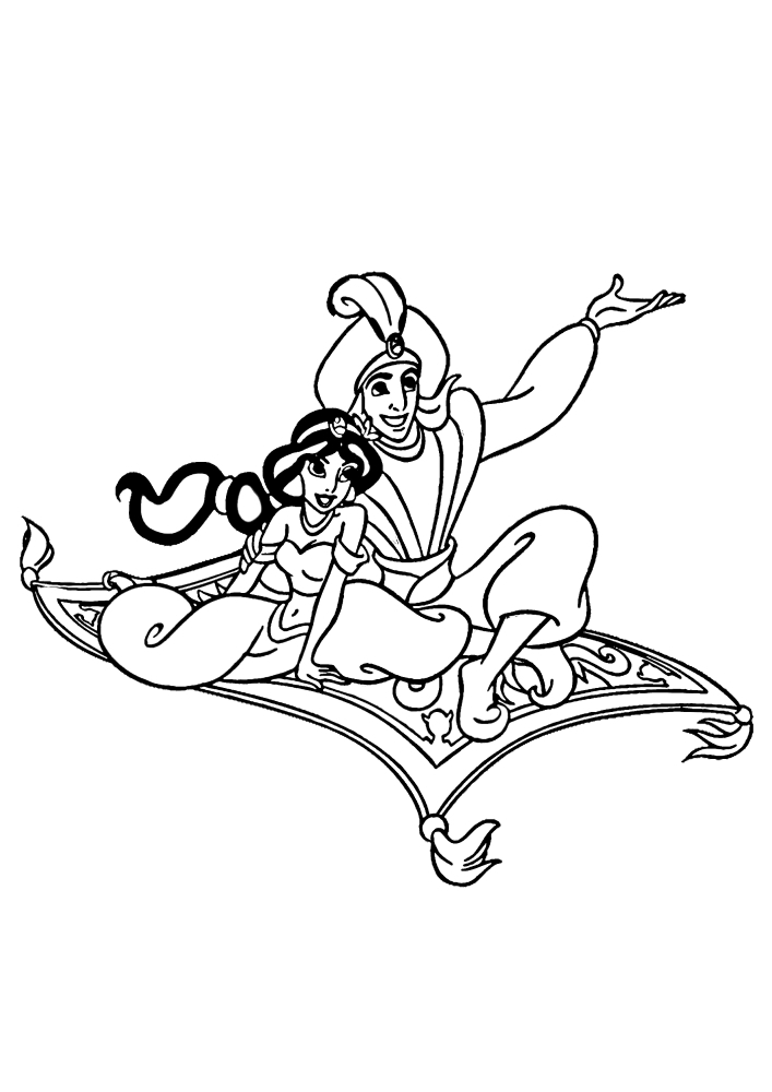 Rakastettu Aladdin ja Jasmine istuvat maagisen Hengen päällä