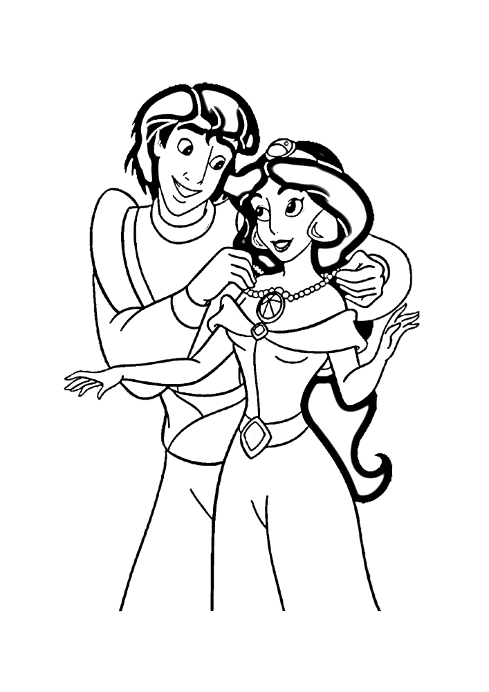 Aladdin gives his princess a piece of jewelry.