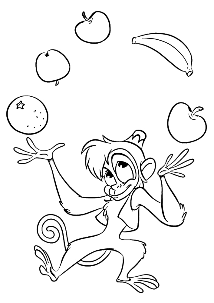 Abu jongle avec des fruits - c'est un singe très habile