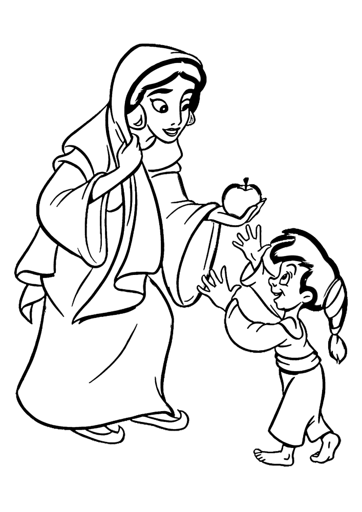 Prinsessa auttaa nälkäistä poikaa-hän antaa tälle omenan.