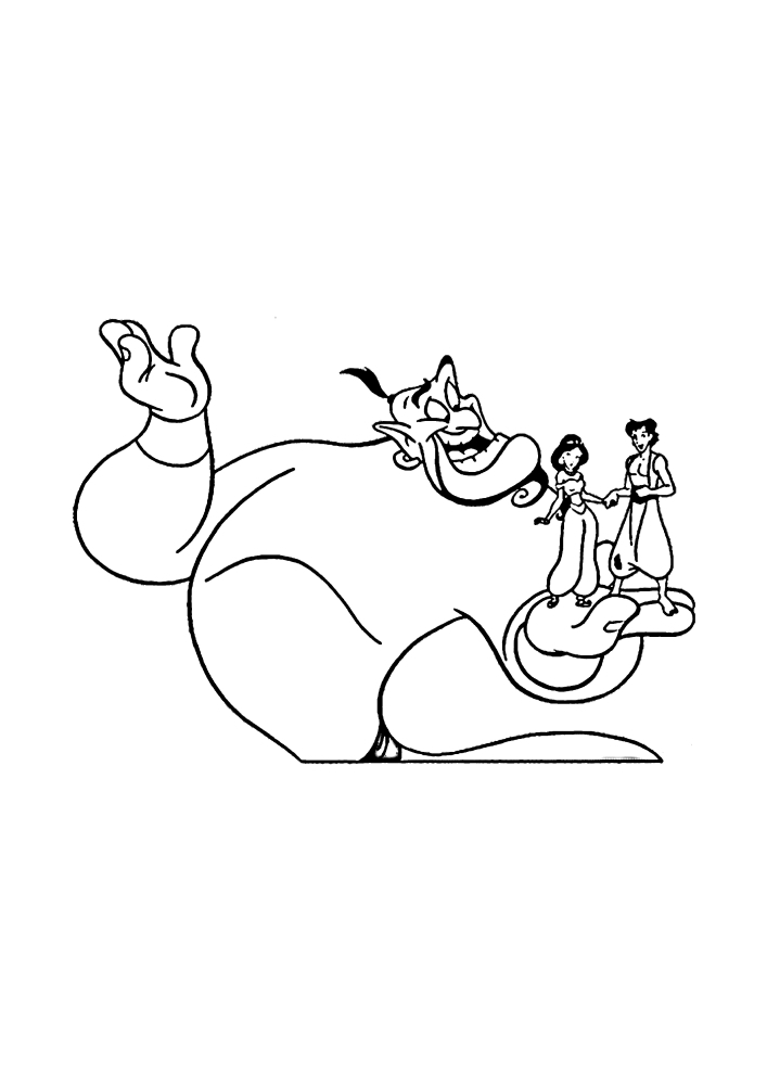 The Big Genie holds Jasmine and Aladdin