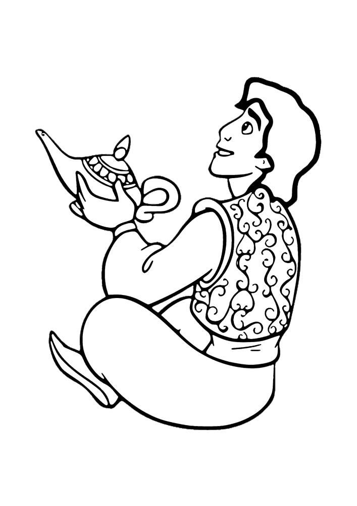 Aladdin sostiene la lámpara mágica-libro para colorear