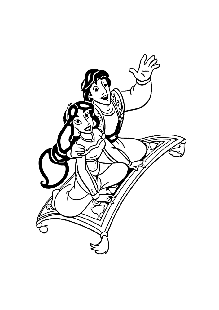 Rakastettu Aladdin ja Jasmine istuvat maagisen Hengen päällä