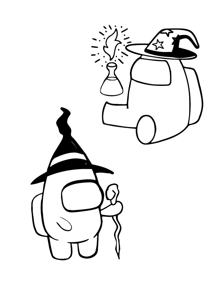 Among Us Wizard in different poses - two coloring pages in one