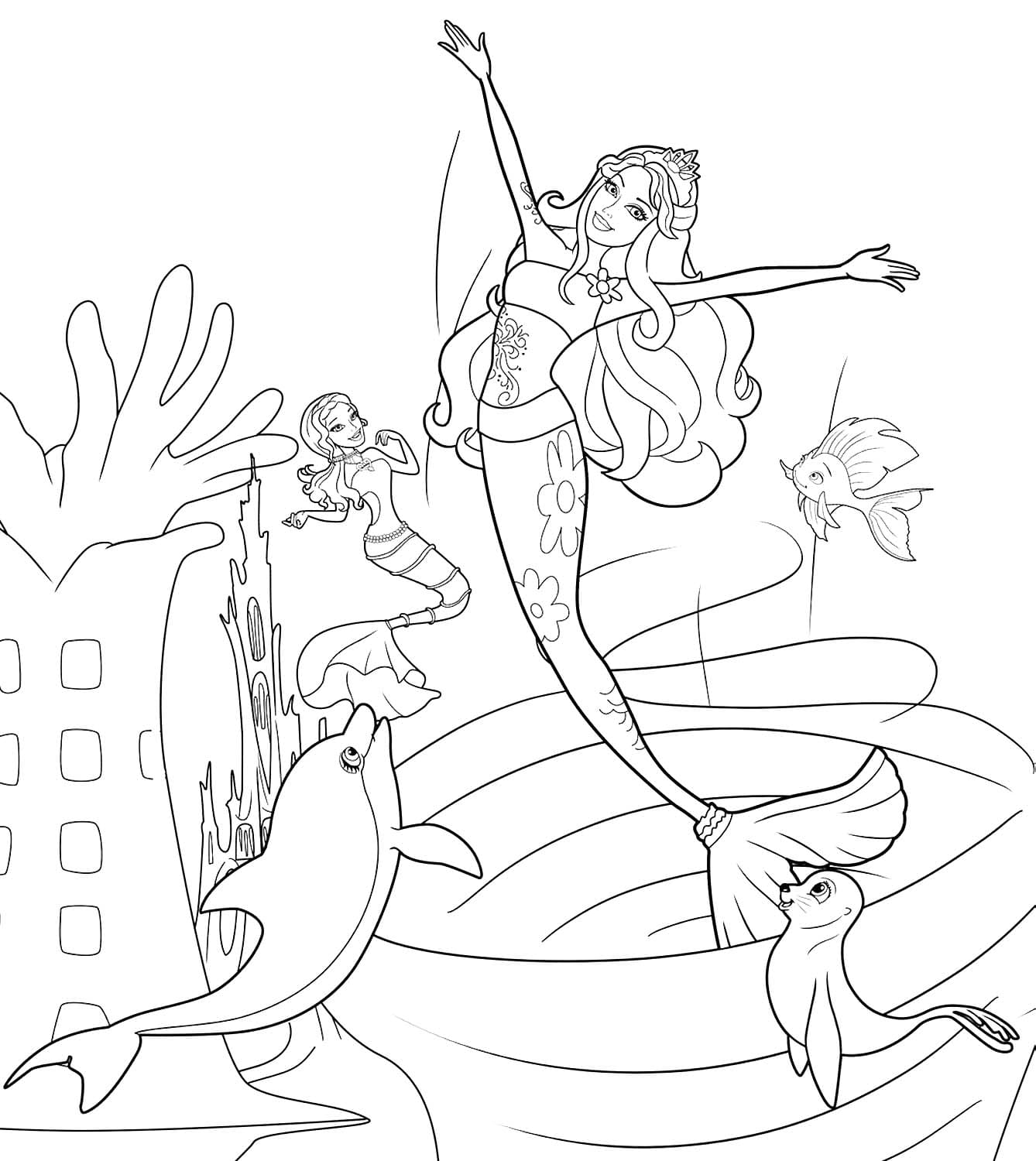 Coloring page Barbie Mermaid Sea world with barbie dolls