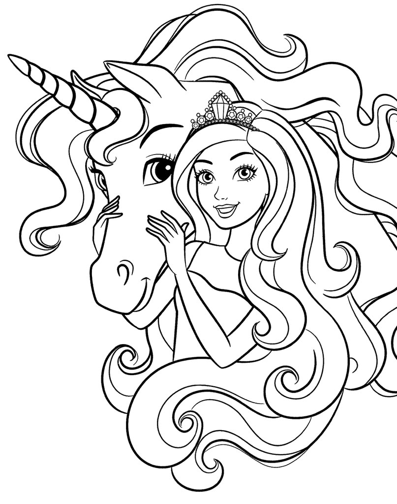 Coloring page Barbie and a Unicorn
