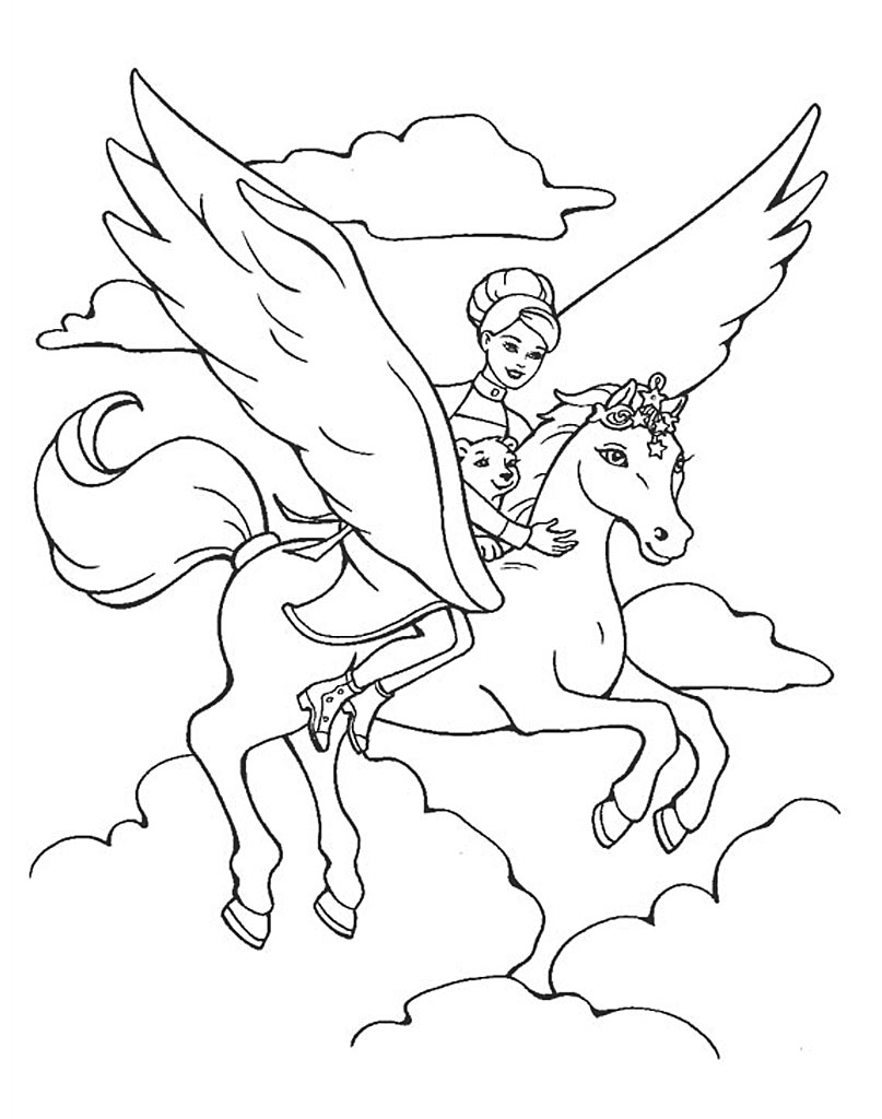 Coloring page Barbie on a unicorn