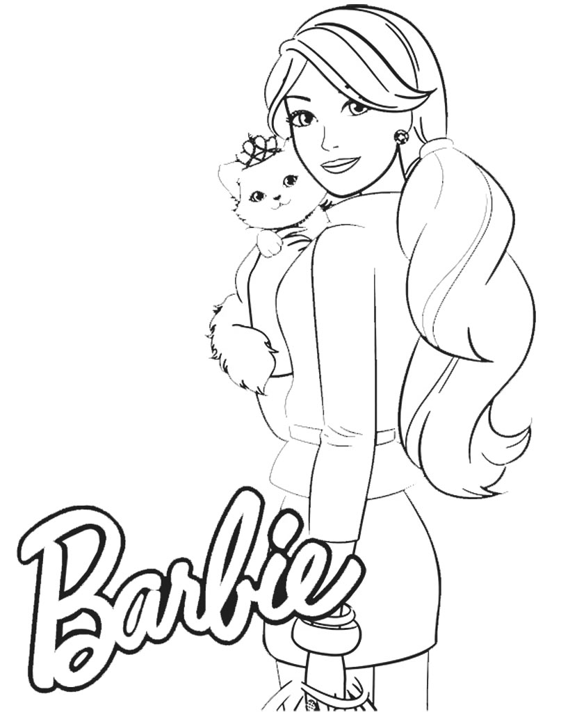 Ausmalbild Barbie mit einer Katze in der Hand
