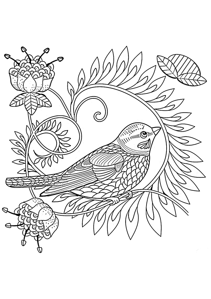 O pássaro senta-se em um galho florescido