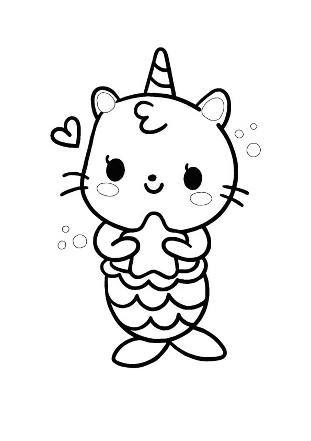 Ausmalbild Einhorn-Katze Kleine Meerjungfrau für Mädchen