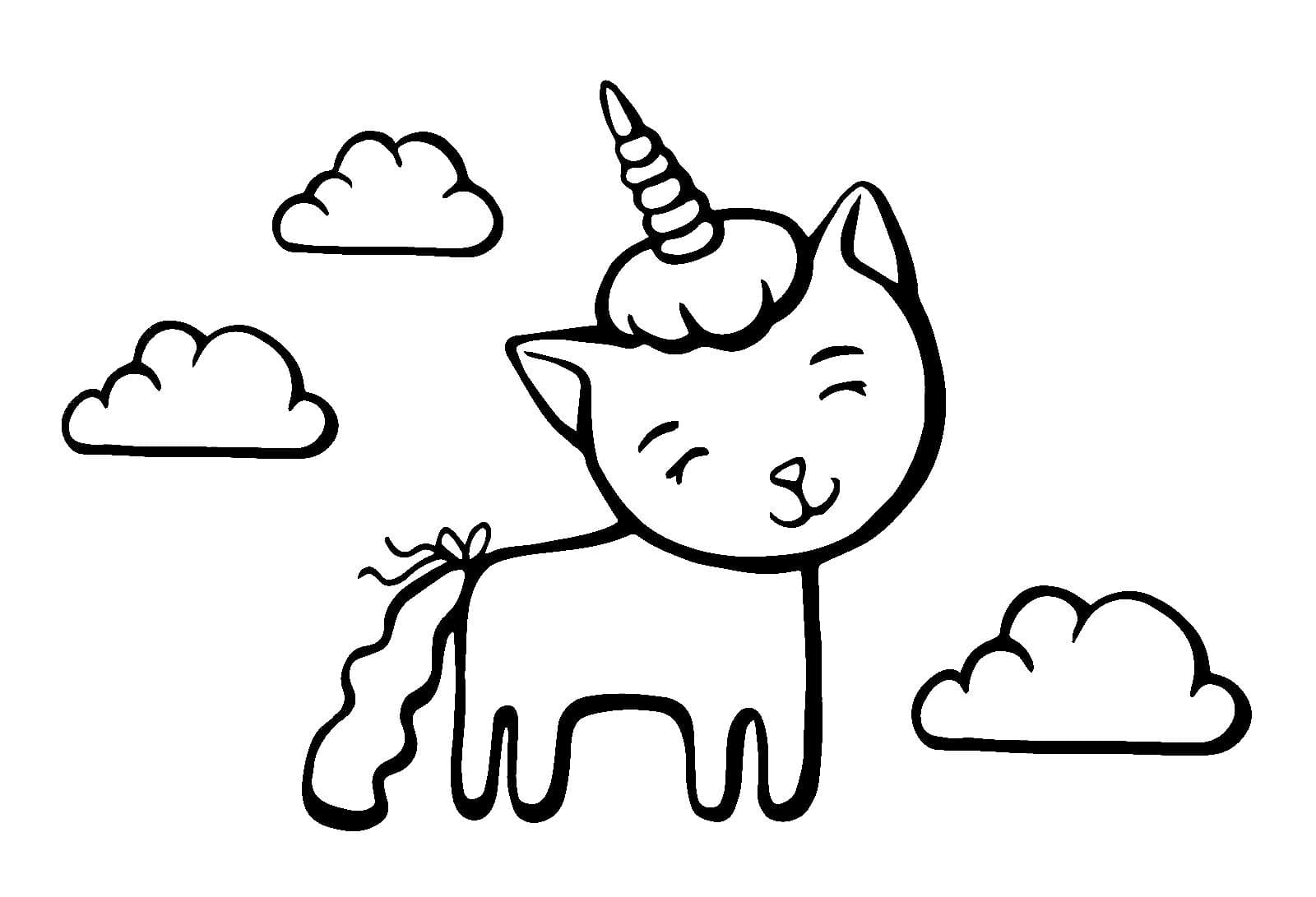 Para Colorear Gato-Unicornio entre las nubes