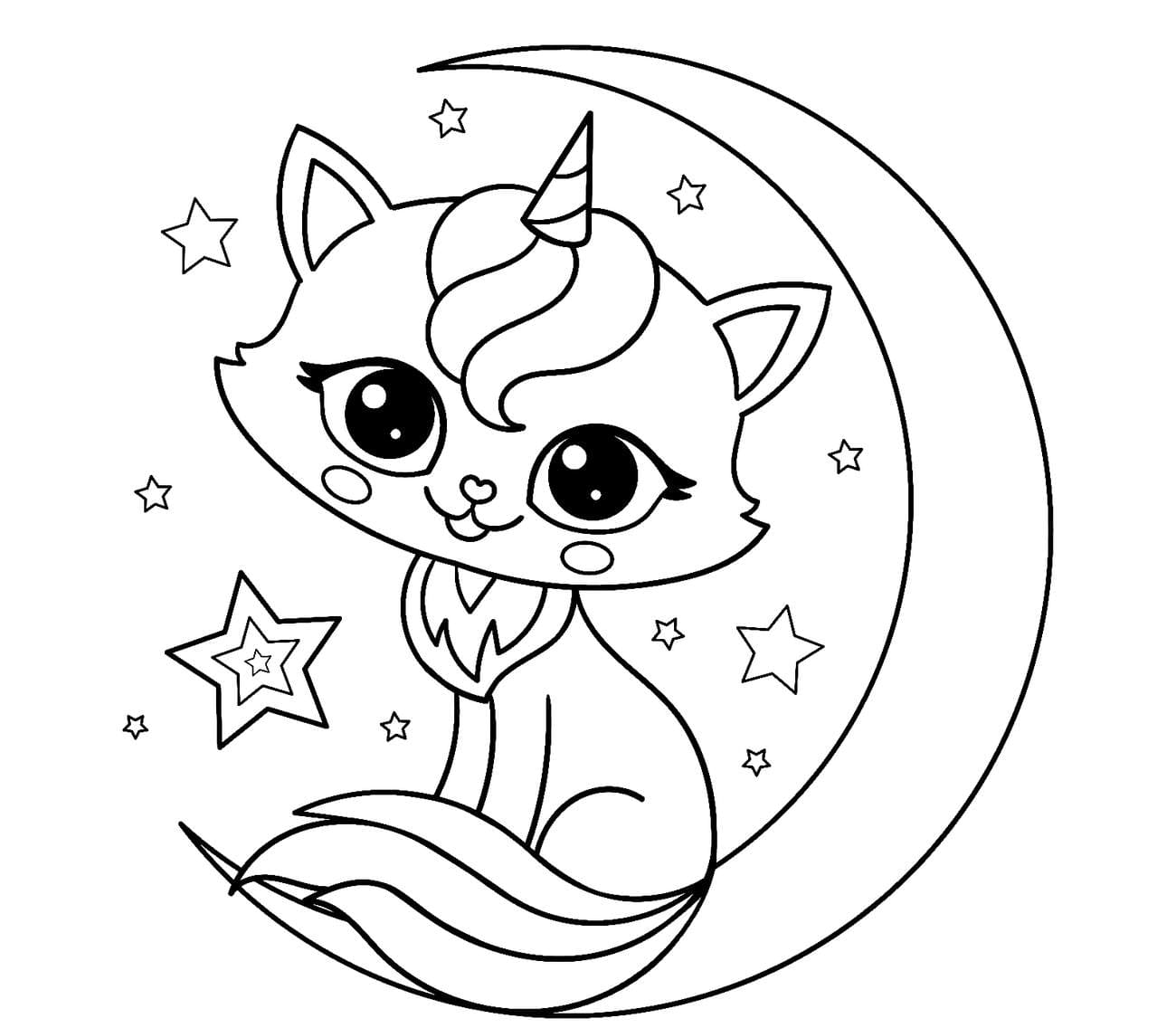 Para Colorear Gato-Unicornio personaje nocturno