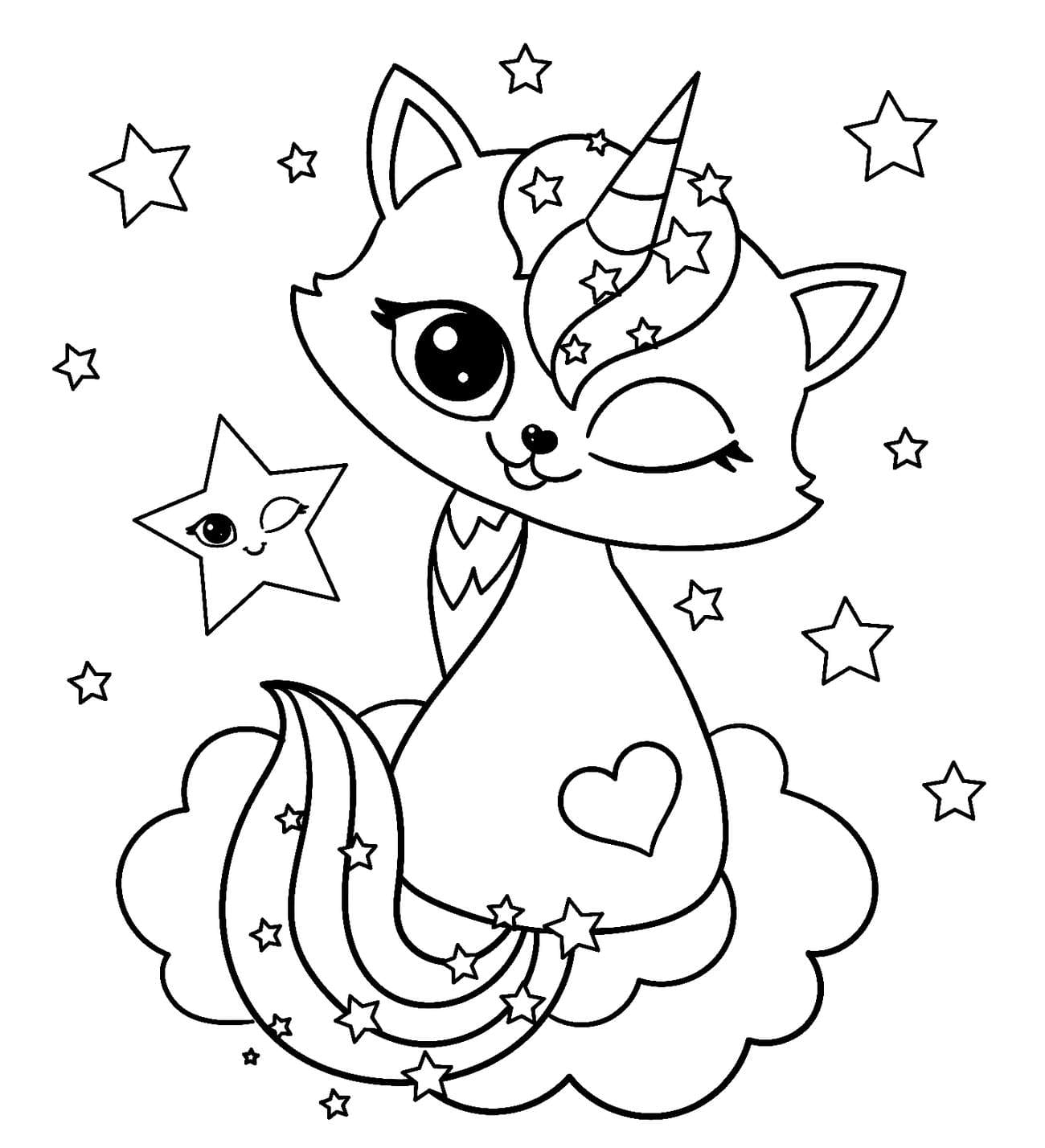 Ausmalbild Einhorn-Katze unter den Sternen