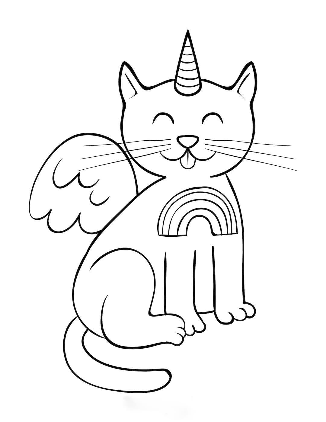 Ausmalbild Einhorn-Katze glückliches Haustier