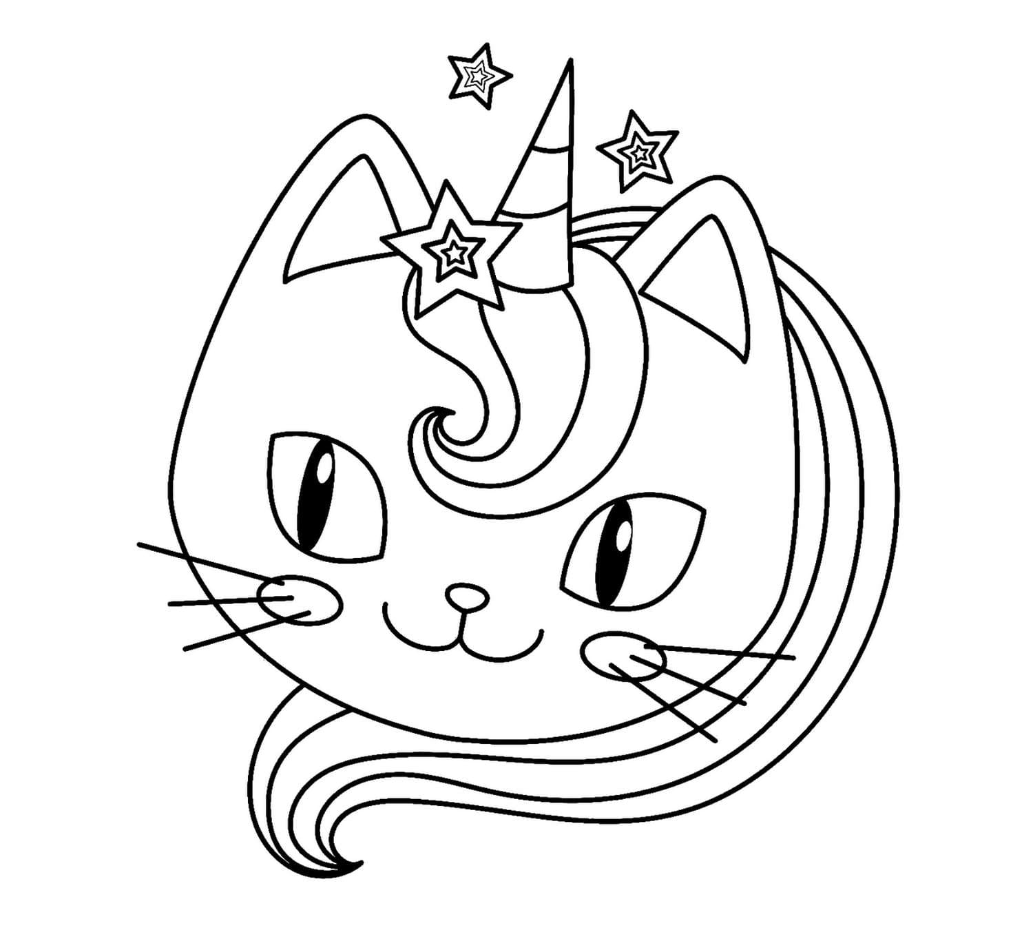 Ausmalbild Einhorn-Katze hübsches Gesicht