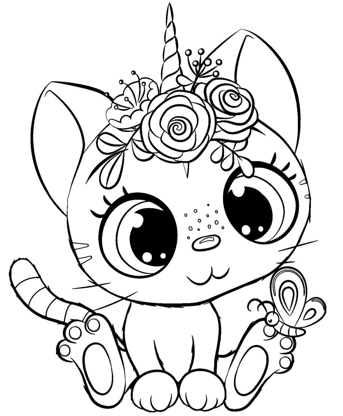 Coloring page Unicorn Cat and a butterfly