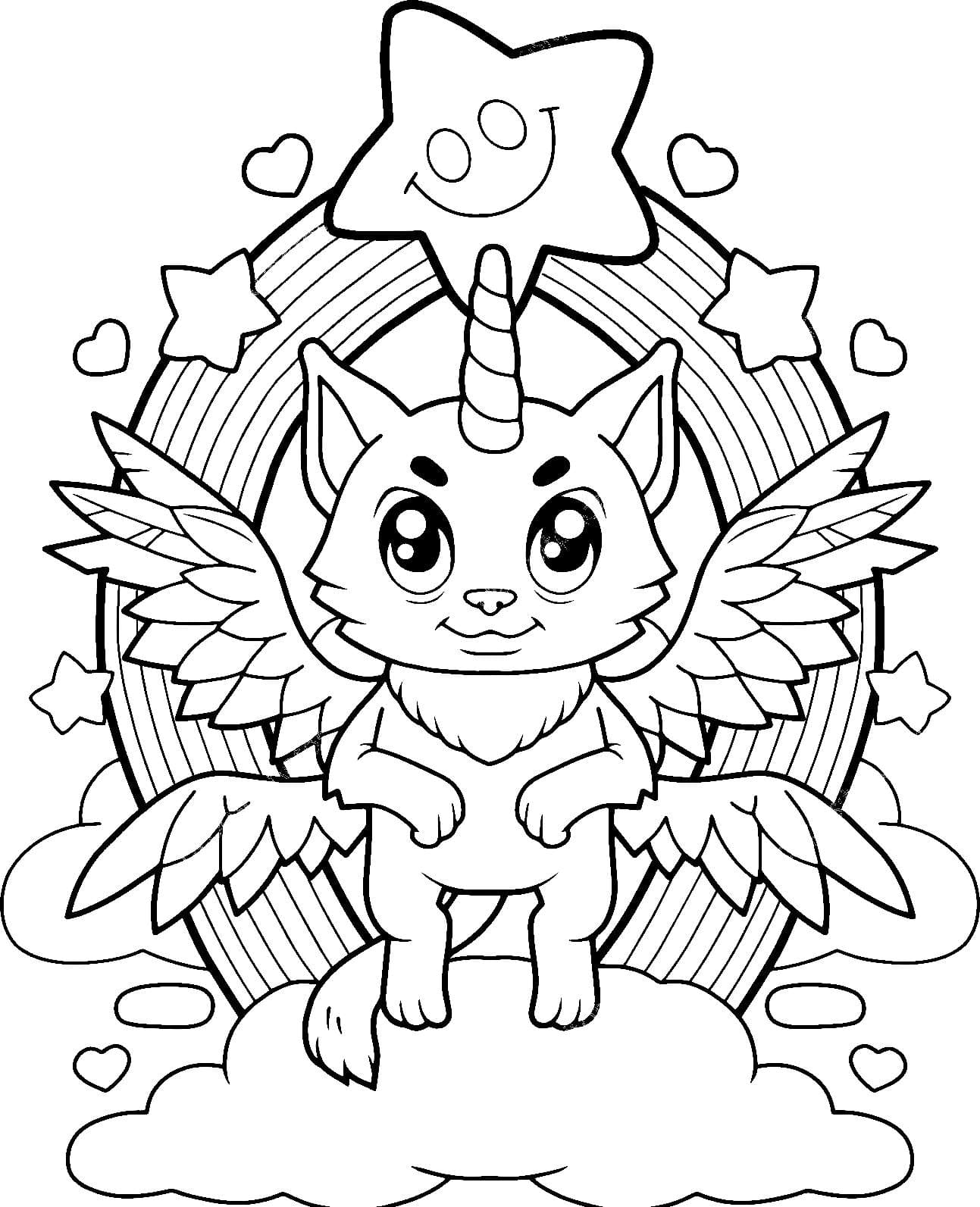 Coloring page Unicorn Cat with wings